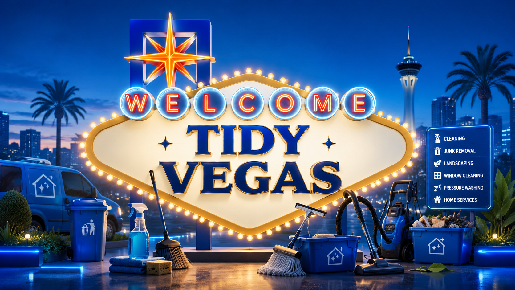 Tidy Vegas welcome sign surrounded by cleaning, junk removal, landscaping, window cleaning, and home service imagery